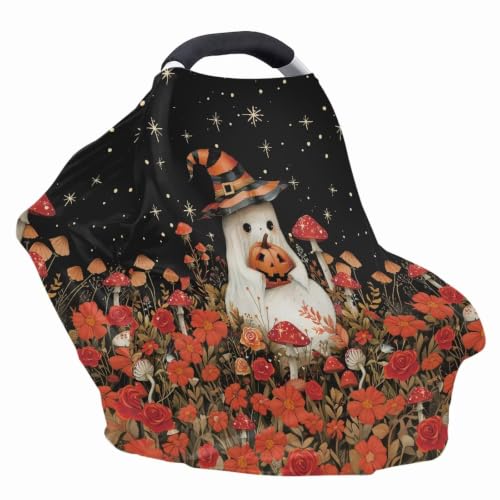 Image of Wanyint Infant Car Seat Cover for Babies, Boys Girls Carseat Canopy Baby Breastfeeding Stroller High Chair Shopping Cart Cover Halloween Decor, Cute Ghost Witch Mushroom