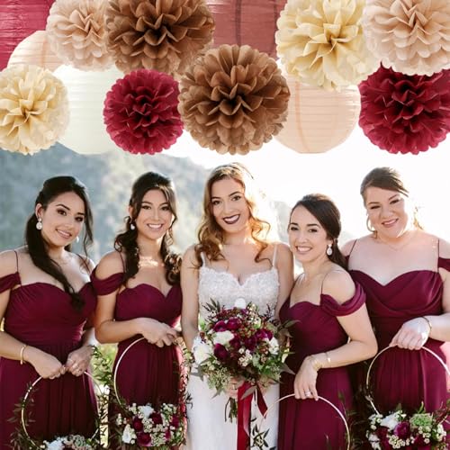 Image of Burgundy-Brown Champagne Party-Decorations Paper-Flowers Lanterns - 15PCS Fall Boho Tissue Pom Poms Streamers,Autumn Rustic Baby Shower Neutral Wedding Birthday Decor Hugfond