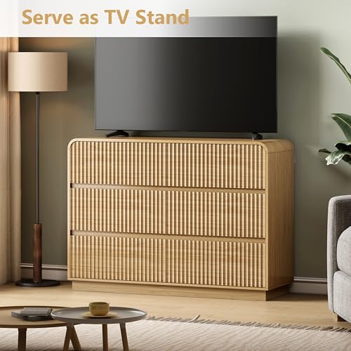 Image of Wodeer Oak Dresser Fluted 6 Drawers Dresser for Bedroom, 47 inch Wide Wood Chest of Drawers with Hidden Handles & Rounded Corners, Modern TV Stand Storage Cabinet for Living Room, Hallway, Entryway