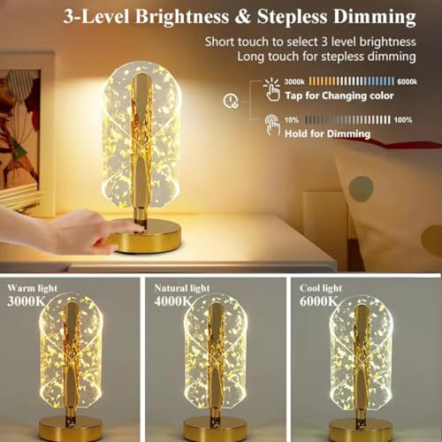 Image of One94Store 3D Infinity Crystal LED Night Lamp with Gold Base, Touch Control Cordless Decorative Table Light - 3 Color Modes, Modern Bedside Lamp for Bedroom, Living Room & Home Decor (Plastic Body)