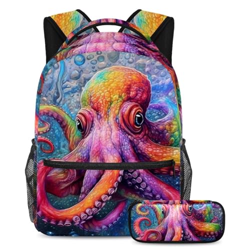 Cartable bleu ocean punk poulpe avec trousse de grande taille