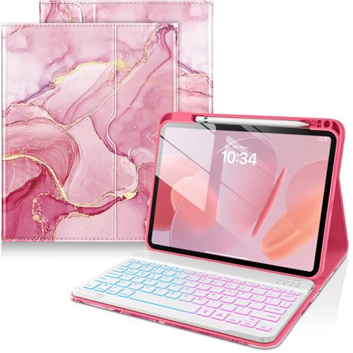 Image of DTTO for iPad 11th (A16) / 10th Generation Case with Keyboard (2025 /2022), 7 Colors Backlit Wireless Detachable Keyboard Leather Folio Cover with Pencil Holder & Pocket, Red Marble