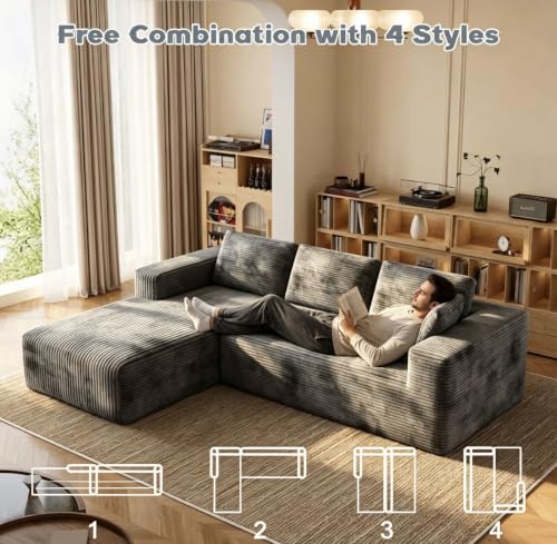 Image of 93 inch L-Shaped Modular Sectional Sofa with Chaise, Boneless Corduroy Cloud Couch with Deep Seat and Oversized Comfort, Flexible Module Combination for Living Room, No Assembly Required