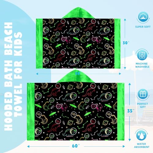 Image of Dinosaur Boys Beach Towel with Hoodie for Kids Toddlers Age 4-8,Dino Blue Bath Towels Shower Wrap for Boys, Hooded Poncho Beach Blanket for Pool Swimming Cute Wearable Bath Towel for Child