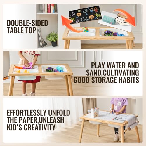 VEVOR Kids Activity Table with 3 Foldable Storage Bins & Paper Roll Holder, Indoor/Outdoor Play Sand and Water Table, Wooden Kids Sensory Drawing Table, Gift for Boys Girls by VEVOR - Image 3