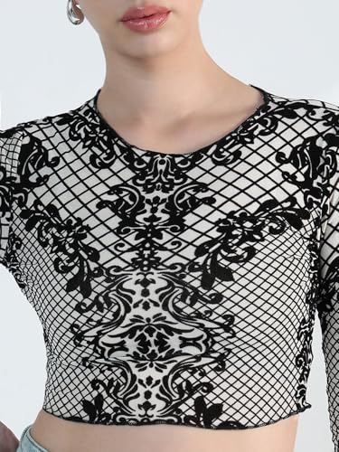 Image of ICW Women Long-Sleeves Round Neck Net Printed Transparent Mesh Sheer Crop Top T-Shirt DN38(Mix Print)