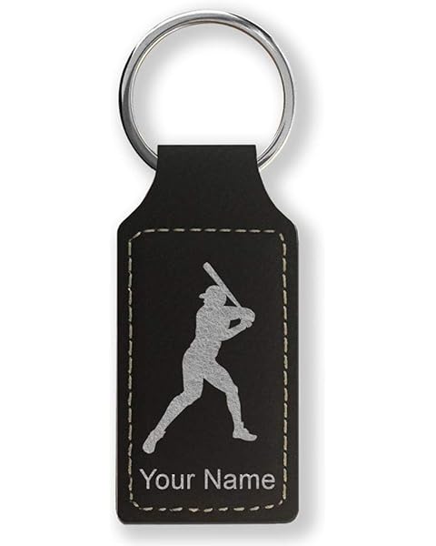 LaserGram Rectangle Keychain, Baseball Player 1, Personalized Engraving Included