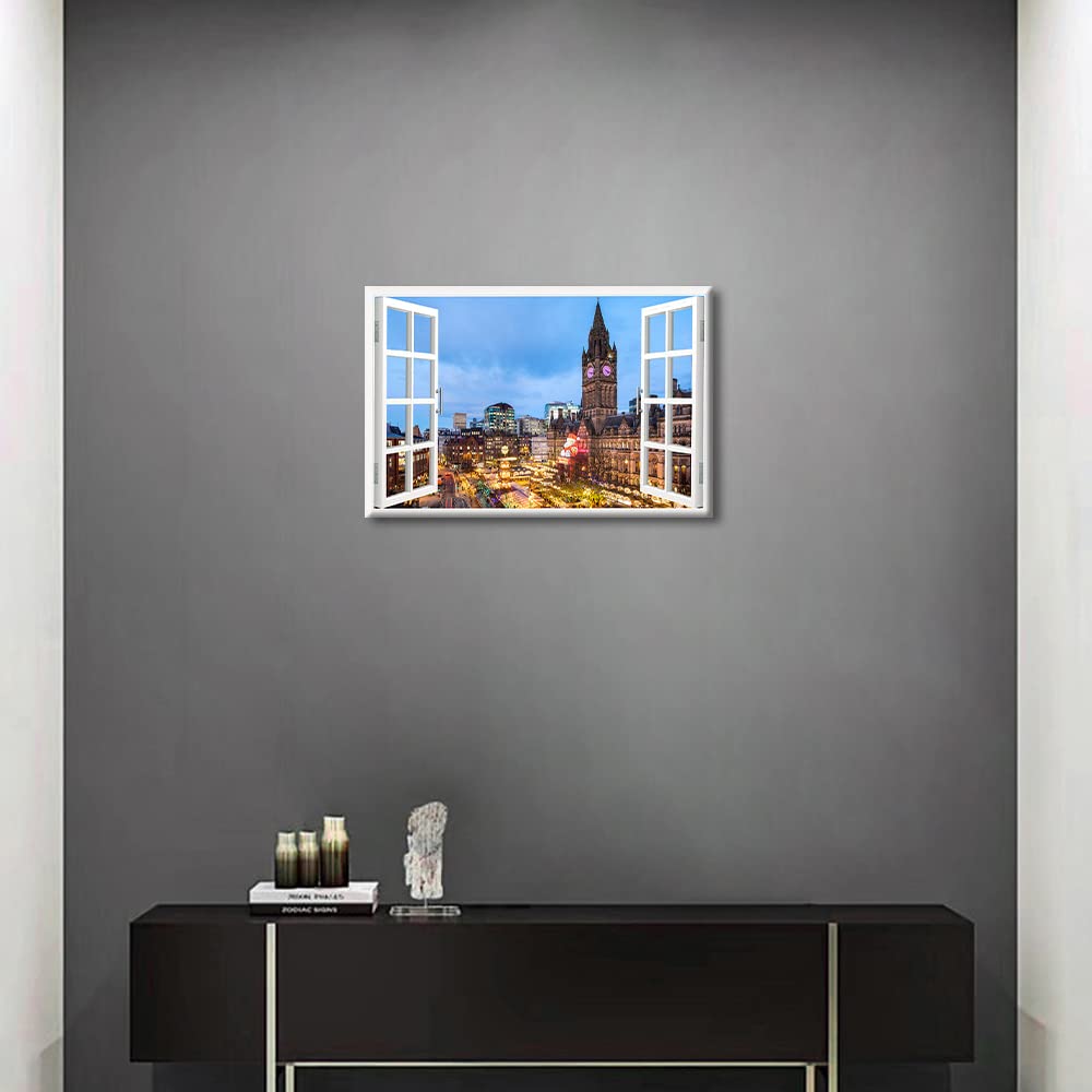 3D Window Effect Manchester Canvas Prints Wall Decor Artwork Albert Square Cityscape Poster Wall Art Print for Bedroom Living Room Bathroom Office Home Decorations Framed Ready to Hang - Image 3