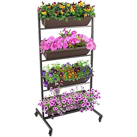 TTL Garden Vertikalbeet mit 4 senkrechten Etagen 151x76x61cm - vertikales Hochbeet Blumenkasten & Balkon Beet mit 4 Pflanzkasten Metall Rahmen stabil mit Rollen Cover