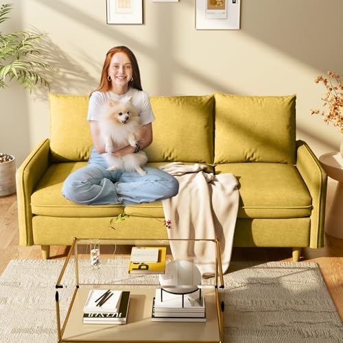 Meeyar 3 Sitzer Sofa, 221 cm Kleines Sofa mit Massivholzbeinen und Seitentaschen, Abnehmbare Bezüge, Kurzplüschstoff Sofa für Wohnzimmer, Schlafzimmer, Büro, Wohnung,Gelb