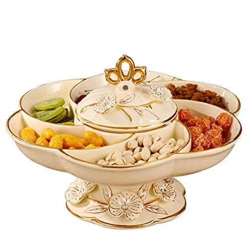 ZFF European-Style Ceramic Dried Fruit Box Dried Fruit Plate Compartment with Lid Rotating Candy Snack Plate Fruit Plate