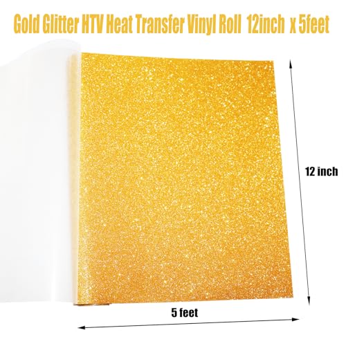 Image of Gold Glitter Heat Transfer Vinyl Rolls Gold Iron HTV Vinyl 12inch x 5feet Iron on Vinyl for T-Shirts DIY Design, Silhouette Cameo & Heat Press Machine Glitter HTV
