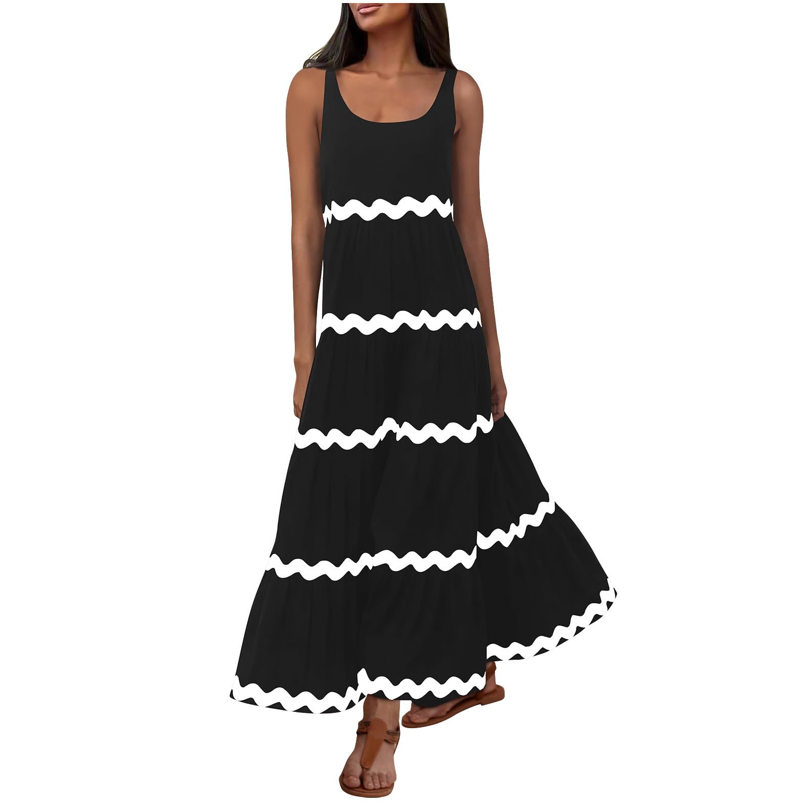 NUSGEAR 2024 Vestidos Largo Mujer Vestido Verano Basico Casual Raya Vestidos sin Manga Cuello Redondo Vestidos Elegante Suelto Vestido de Noche Cómodo Playa Vacaciones Bohemio