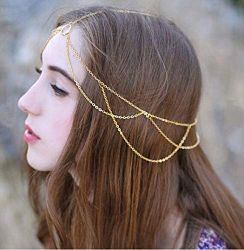 Simsly Multi Layered Tassel Head Chain Jewelry Simple Hair Headpiece for Women and Girls. (Gold)