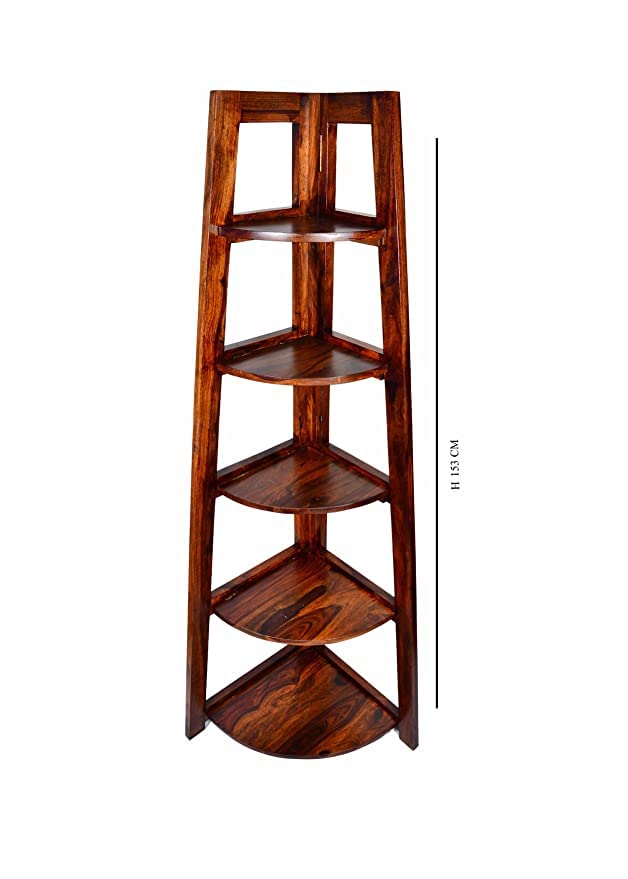 Wood Folding Corner Book Shelf Storage Rack for Living Room Home (Brown Walnut Color Mette