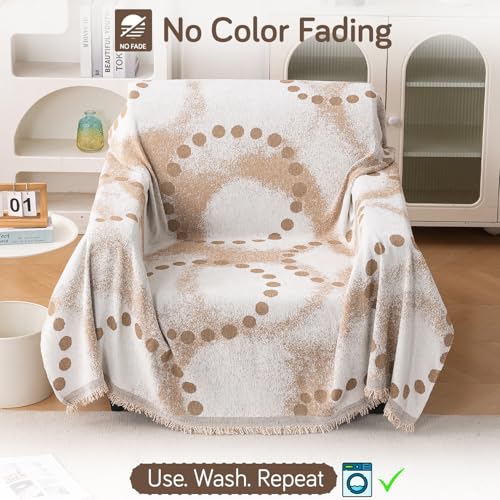 Image of HOKIPO 320 GSM Chenille Sofa Throw Blanket for 1 Seater Sofa - Printed All-Season Sofa Cover, 'Serene Abode Series' Latte Dotted Wave (180x180 cm) (AR-6631-D3)