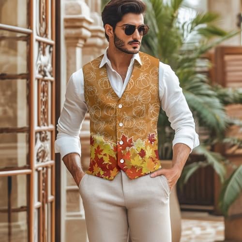TOADDITDO Maple Leaf Mens Suit Vest Breathable Button Down Vest Slim Fit V- Neck Business Vests with Back Strap2