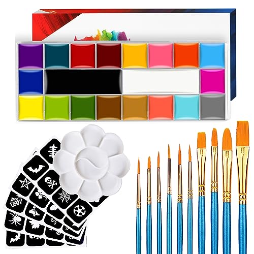 Face Paint,20 Colors Face Paint - Face Painting Kit,Water Based Face Painting Kit For Kids Party With 10 Brushes 5 Sticker Stencils And Paint Tray ，Body Paint For Kids And Adults Halloween Makeup