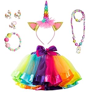 GEEKEO Disfraz Unicornio Niña, Disfraz de Princesa Niños con Falda Tutu Tul Arcoiris, Colores Diadema Unicornio para Niñas Regalo de Cumpleaños,Ballet Baile,Fiesta de Cosplay Carnaval