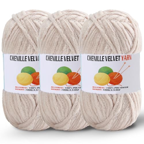 Image of 3 * 100g /3.5oz Fluffy Chenille Yarn for Crocheting, Chunky Velvet Yarn for Crochet Amigurumi, Used for Making Baby Yarns Blanket, Clothes, Pattern Knitting Creations (Milk White)