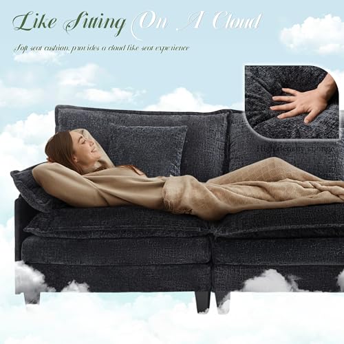 Image of Comfy Chenille Cloud Couch, Modular Sectional Sofa with Movable Ottoman, Deep Seat Couches for Living Room, Bedroom and Apartment, 106 inch L Shaped Modern Sofa with Pillows, Black
