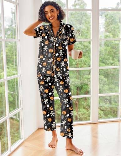 Image of Ekouaer 2 Piece Satin Short Sleeve Pajamas Set Button Down Sleepwear