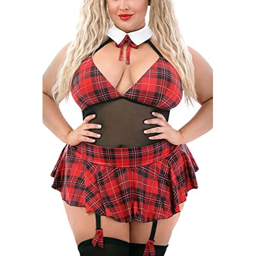 EVELUST Womens Plus Size Schoolgirl Lingerie - Sexy Valentines Set Roleplay Uniform Plaid Sheer Halter Teddy Tie Mini Skirt, Red