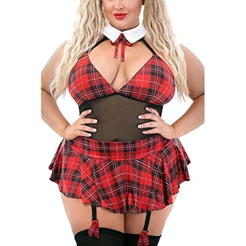 EVELUST Womens Plus Size Schoolgirl Lingerie - Sexy Valentines Set Roleplay Uniform Plaid Sheer Halter Teddy Tie Mini Skirt