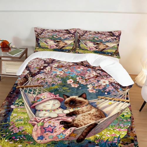 Image of Cartoon Cat Comforter Set Full Size Cute Kitten Floral Bedding Sets for Girls Boys Kids Adults Bedroom Decor Spring Cherry Blossom Hammock Quilt 1 Comforter 2 Pillowcases