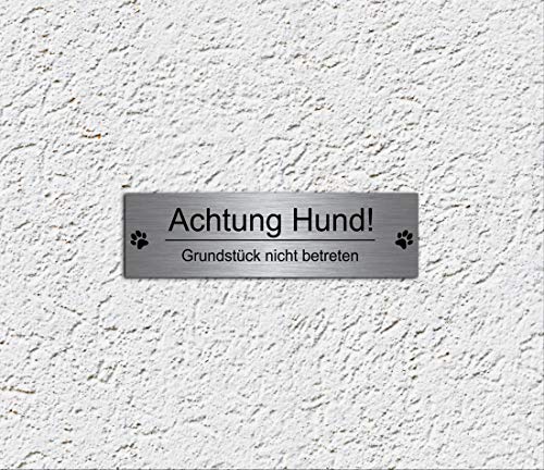 Echtes Edelstahl Hinweis-Schild Türschild Größe 10x3,5 oder 12x4 cm ' Achtung ' Hund Schäferhund selbstklebend oder mit Bohrlöcher Betreten auf eigene Gefahr Hundeschild Modell: M1