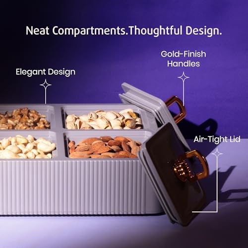 Image of Selvel Global Square Dryfruit Box with 4 Compartments | Airtight Multi-Purpose Storage Box with Tray & Lid | Ideal for Diwali Gifting | 500ml Each | BPA-Free (Lid Grey)