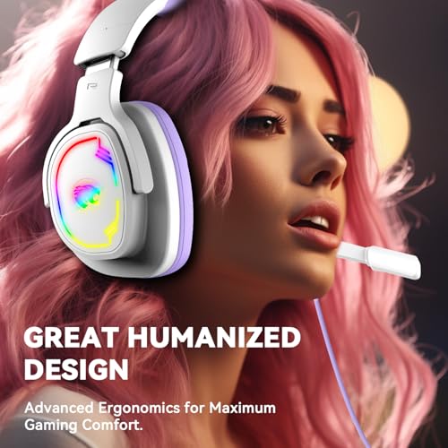 Image of Jimonyer Gaming Headset with Microphone, 7.1 Surround Sound and Noise Canceling Over Ear Headphones for PC, PS4, PS5,Xbox Series,Switch, RGB Light and Soft Imitation Protein Earmuffs (WhitePurple)