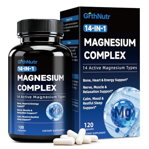 14-in-1 Magnesium Complex Supplement, 1200mg Elemental Magnesium Glycinate, Citrate, Malate, Taurate - Magnesium Complex for Women Nerves, Bone & Heart Health | Non-GMO