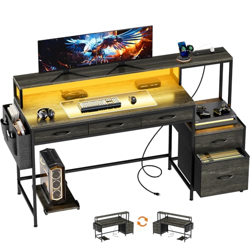 Image of REAHOME 61 Inch Gaming Desk with Charging Station and LED Lights, Reversible Computer Desk with Storage Drawer and Monitor Stand, Modern Desk Table with File Cabinet & Side Pocket, Grey Oak