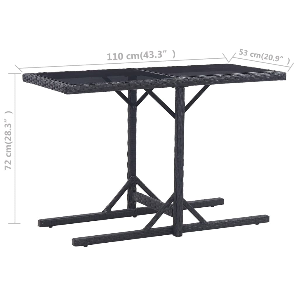 Mesa de jardín de ratán de polietileno, color negro, 110 x 53 x 72 cm, con placa de cristal, marco de acero estable, ratán sintético resistente al agua, para terraza y jardín