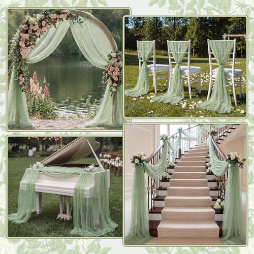 Image of Wedding Arch Draping Fabric with Pearl 28.7 inchx 20ft Ivory White Green Sheer Gauze Fabric Backdrop Drapery for Wedding Arbor Ceremony Bridal Shower Birthday Party Reception Decor (Sage Green)