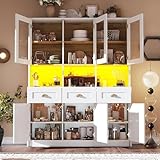 LAKFEW Armario Cocina con Iluminación LED y Dispositivo Antivuelco, Alacena de Cocina con 6 Puertas y 3 Cajones, Aparador, Armario Despensa Cocina con Estante Ajustable, 140x40x175 cm, Blanco