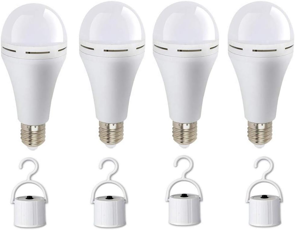 7W LED Light Bulbs Rechargeable Emergency Lamps Battery Backup Emergency Bulb Portable for Power Outage Home Hurricane Camping,with Hook Switch,60W Equivalent,Cool White 6500K,4Pack