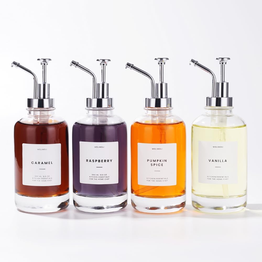 MoliMoli Coffee Syrup Dispenser for Coffee Bar, Coffee Pump Dispenser, Glass Syrup Bottle w. Pump, Maple/Coffee Syrup Bottles, Syrup Dispenser Set of 4, w. Labels, Siver