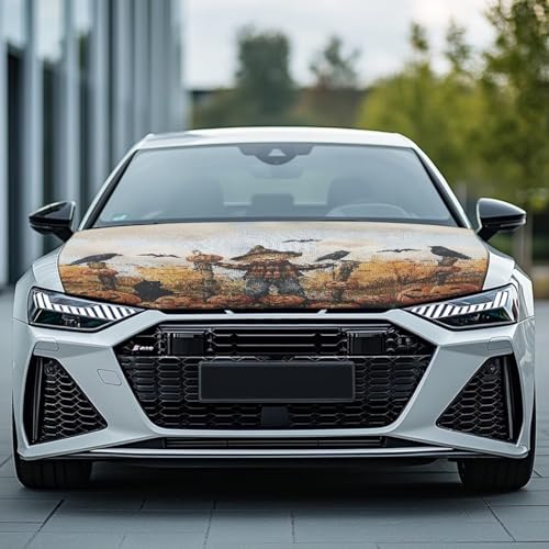Image of Pumpkin Head Bat Car Hood Cover All Weather Protection Auto Exterior Accessories Decor for Halloween Universal Fit Hood Covers for Cars, Trucks, SUV, or Van Full Coverage