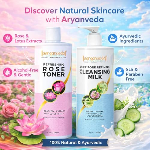 Image of Aaryanveda Cleansing Milk & Rose Toner Combo Improve Skin Tone Remove Dead Skin Cleanser & Rose Face Toner 1000ml Combo