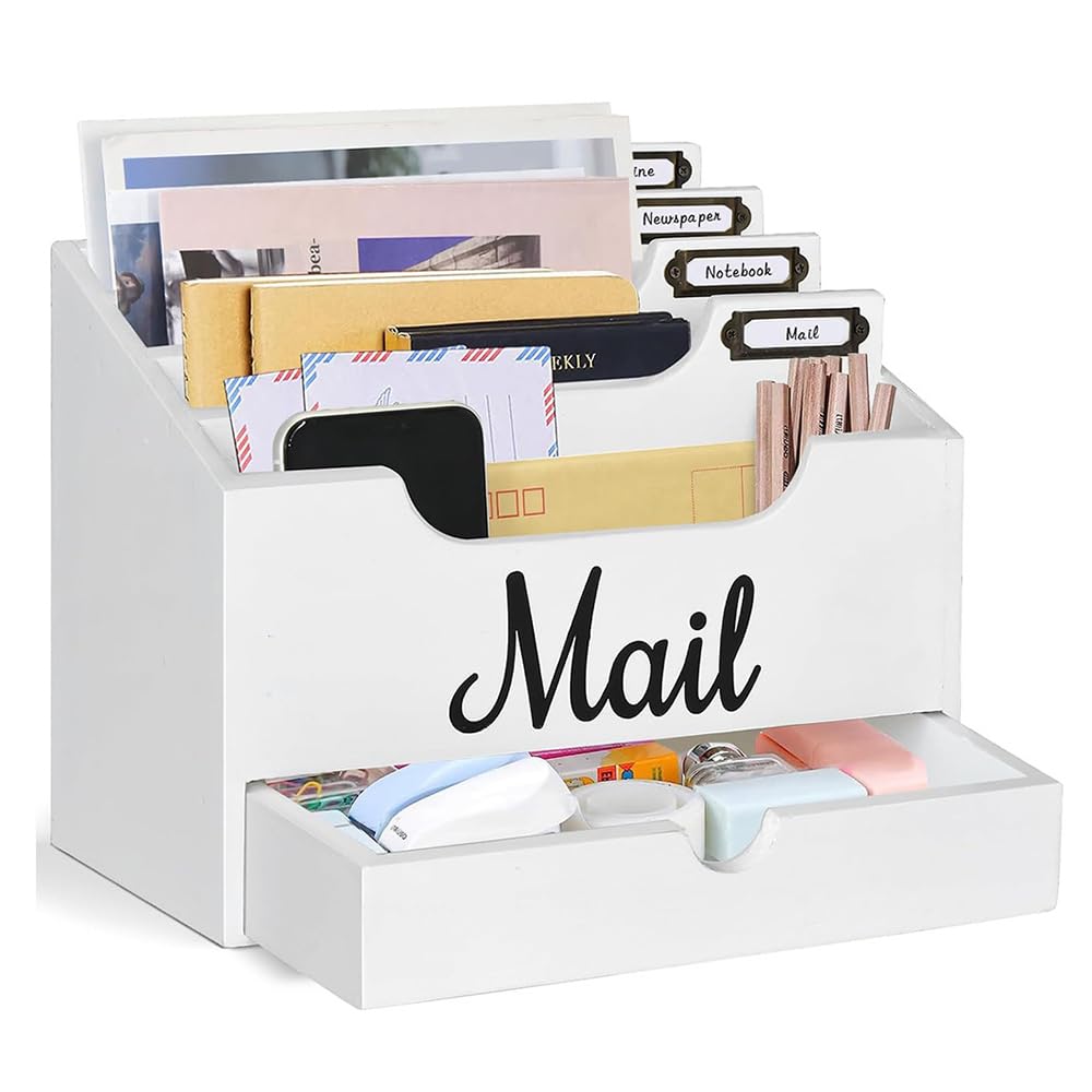 Hölzernen Schreibtisch Mail Organizer, Mail Organizer Arbeitsplatte mit 4 Fächern und Schublade für Büro Schule Rechnungen Dokumente, Weiß Holz Schreibtisch Organizer