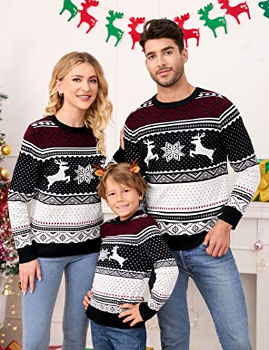 Image of MISSKY Family Christmas Sweater Crew Neck Reindeer Snowflakes Knitted Pullover for Women /Men /Kids