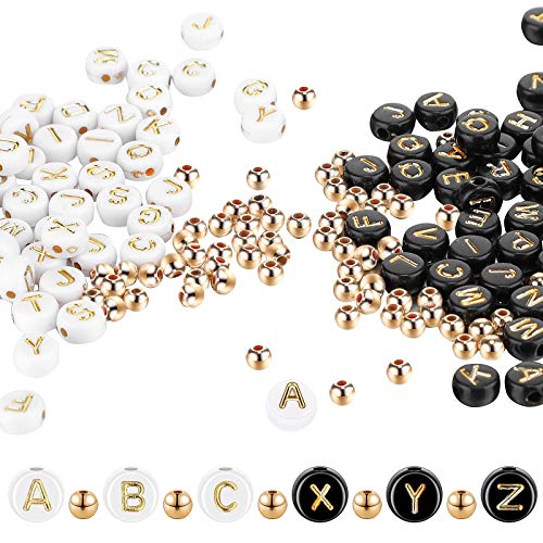 Yinkin 1500 Pieces Round Acrylic Alphabet Letter Beads White Black Round Bead Gold Letter Beads Round Gold Spacer Beads for Jewelry Making Bracelets Necklace Handmade Craft