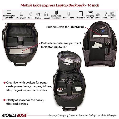 Mobile Edge Express 2.0 Laptop Backpack for Men and Women, Compatible with PC and Mac Laptops 16-17 Inch, Travel Work Business Computer Bag, MEBPE22, Black with Silver Trim2