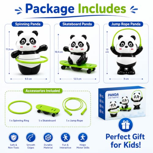 Image of Panda Toy Set for Kids 3 Pcs, Cute Moving & Rotating Action Figures with Skateboard, Hoop and Handle Designs | Interactive Plastic Play Toys for Boys & Girls Age 3 Years and Above