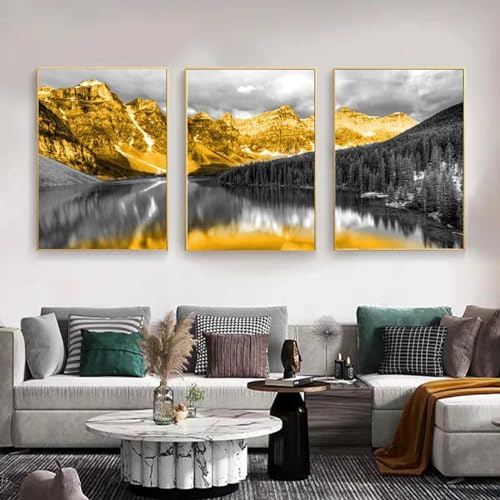 Peinture sur toile montagne dorée triptyque haut de gamme avec cadre inclus