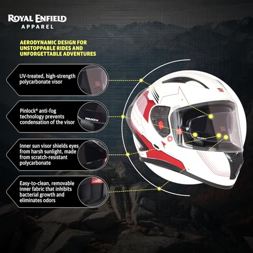 Image of Royal Enfield SPEEDX Full FACE Blitz with Sun Visor & aerodynamic Spoiler | Certification: ISI & DOT |Liner: Dual EPS Expanded Polystyrene| UV Treated Surface | Polygiene Fabric White &RED (L) 60 CM