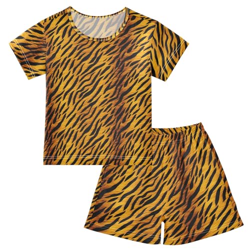 Retro Tiger Stripes Summer Cute Pajama Sets, Short Sets for Daily Wears and Sleep Wears