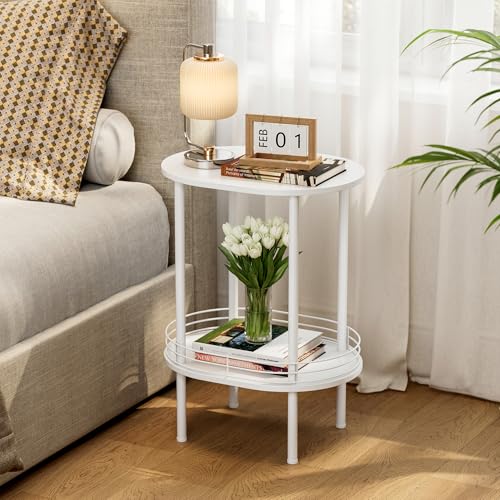 Image of Small Modern Oval Side Table with Storage,2-Tier Side Tables Living Room,Sturdy Nightstand for Small Space - Living Room, Bedroom, Bathroom, Nursery (1PC,White)